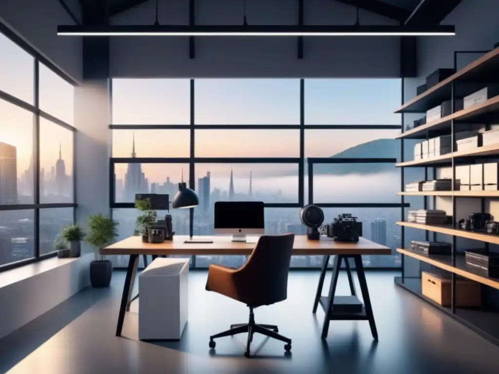 Estudio de diseño industrial con materiales innovadores y eficiencia, iluminado por luz natural