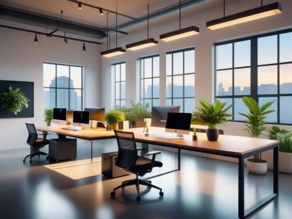 Estudio de diseño industrial moderno y sostenible Un estudio de diseño industrial minimalista y eficiente energéticamente con iluminación sostenible y mobiliario ergonómico
