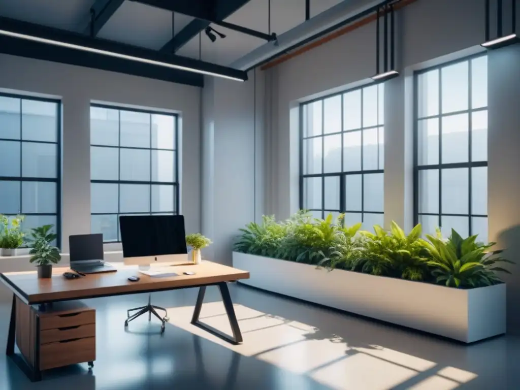 Diseño industrial eco-friendly en estudio luminoso Estudio de diseño industrial moderno y eficiente, iluminado por luz natural y LED, con plantas y escritorio minimalista