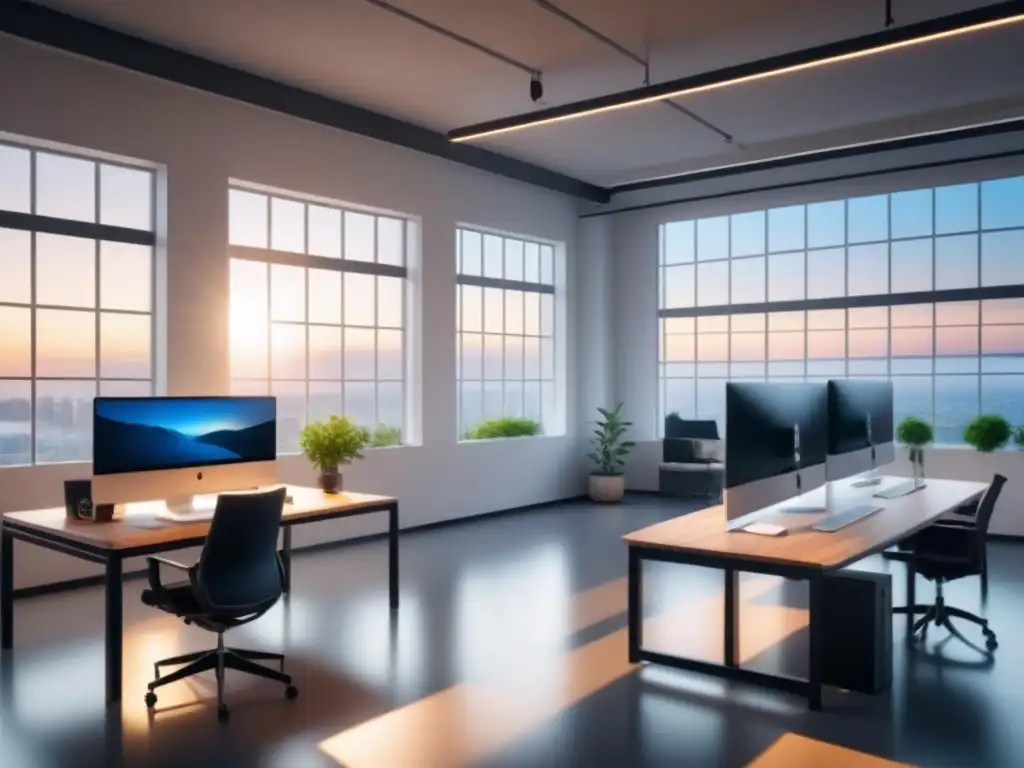 Diseño industrial moderno con tecnología energética Estudio de diseño industrial moderno y eficiente, con iluminación LED y paneles solares integrados