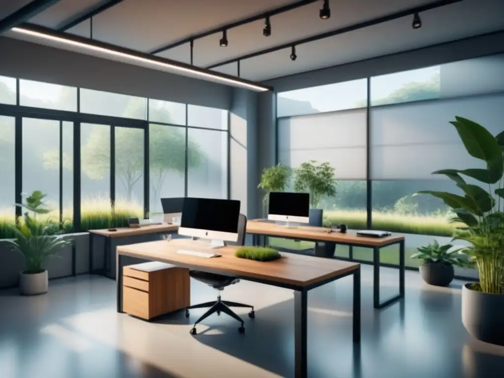 Estudio de diseño industrial: productividad y sostenibilidad Estudio de diseño industrial moderno con eficiencia energética y elementos sostenibles, bañado en luz natural y rodeado de naturaleza exuberante