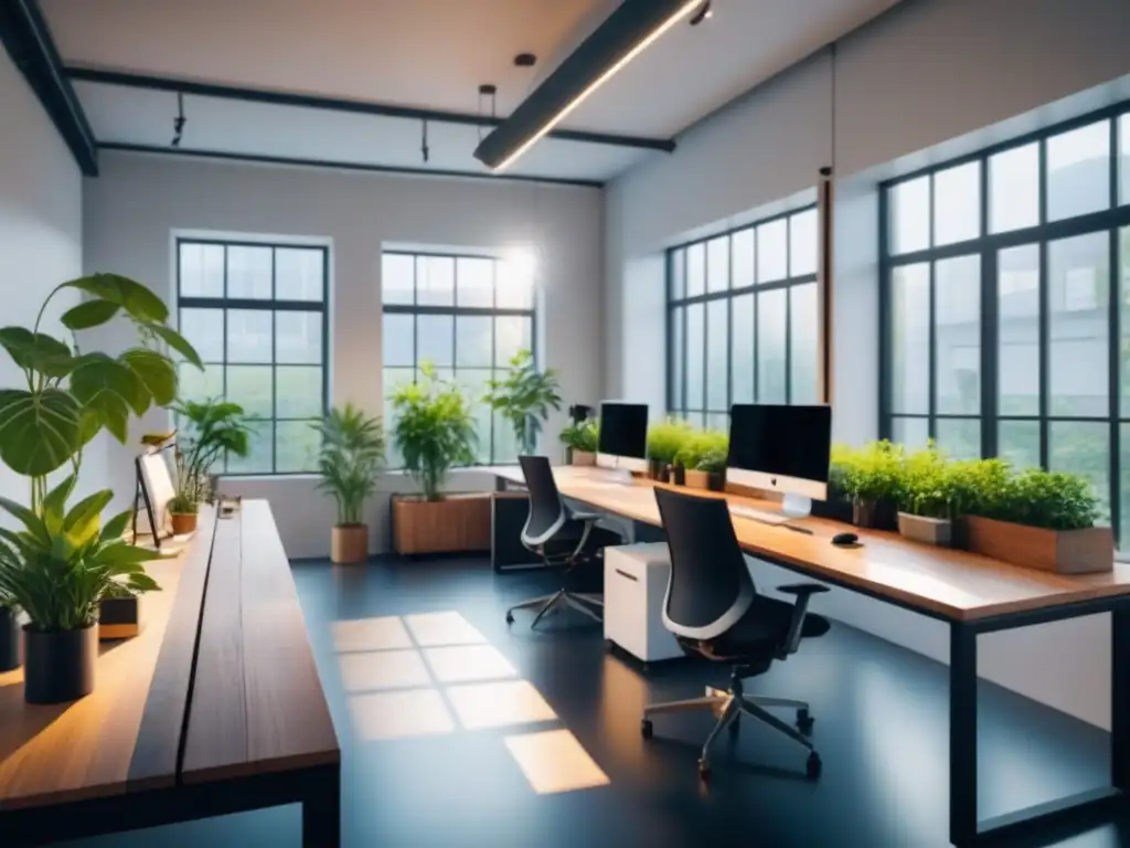 Estudio de diseño industrial sostenible: luminoso y minimalista Estudio de diseño industrial moderno y sostenible con eficiencia energética, iluminación LED y materiales reciclados