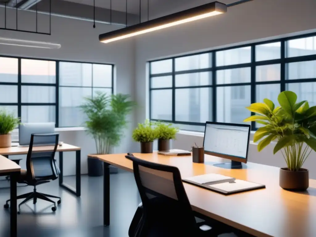 Estudio de diseño industrial moderno con luz natural, estaciones de trabajo minimalistas, plantas verdes y bocetos en pizarra