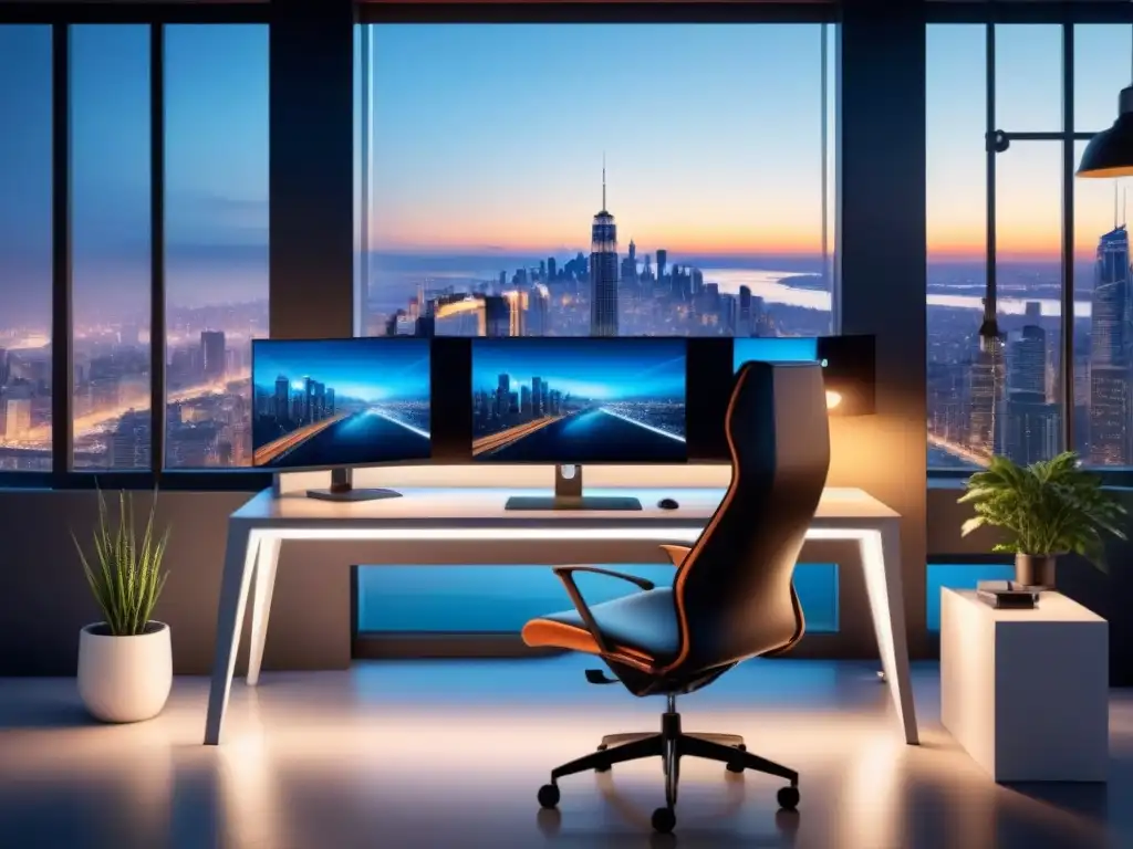 Un estudio de diseño industrial con tecnología de vanguardia y una vista nocturna de la ciudad