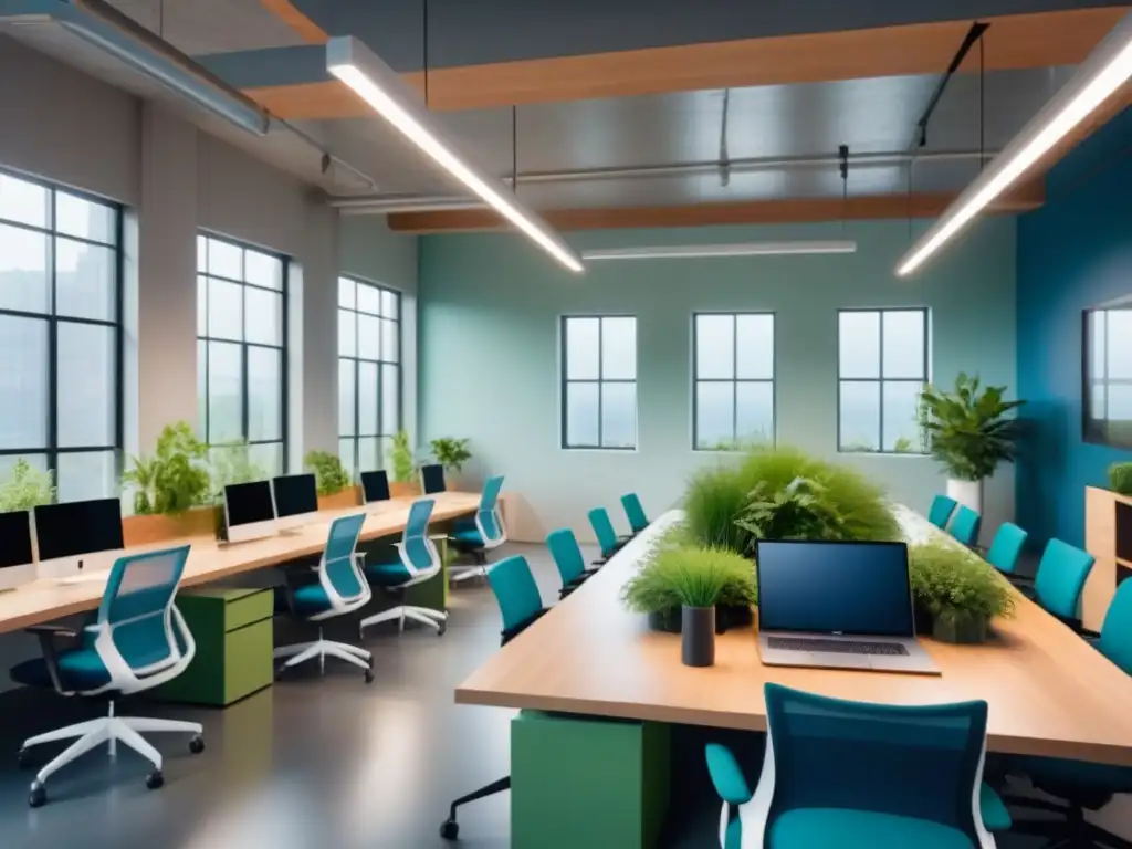 Estudio de diseño industrial más verde con espacios minimalistas y proyectos sostenibles en pantalla, rodeado de plantas y tonos ecológicos