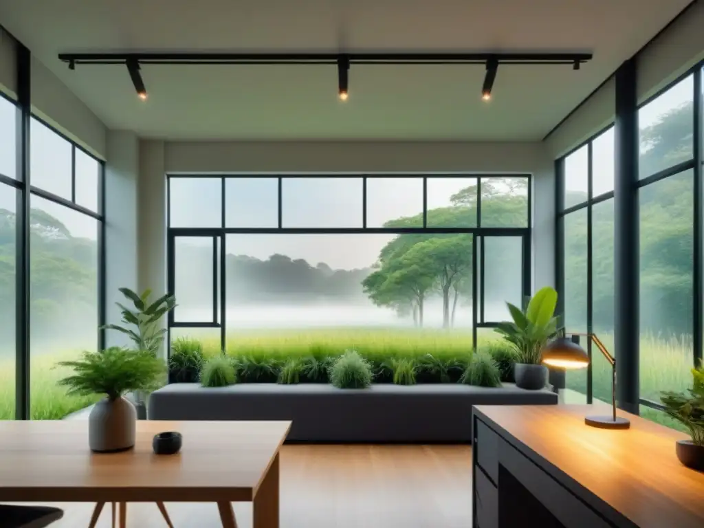 Un estudio de diseño industrial más verde, luminoso y minimalista con vistas a un paisaje exuberante