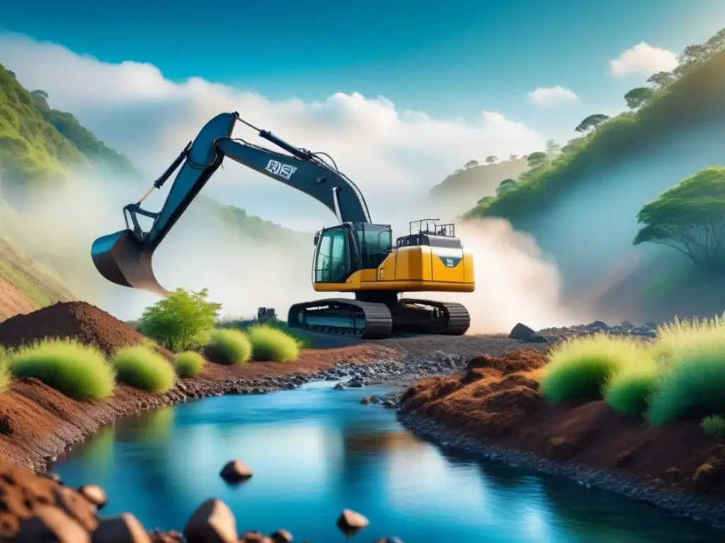 Excavadora futurista en paisaje verde con IA en gestión innovación industrial