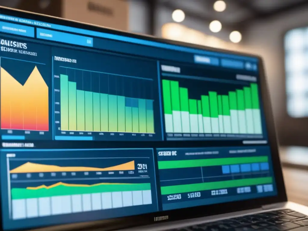 Implementación exitosa software gestión logística: Interface moderna y eficiente con gráficos y tablas logísticas en tonos azul, verde y blanco