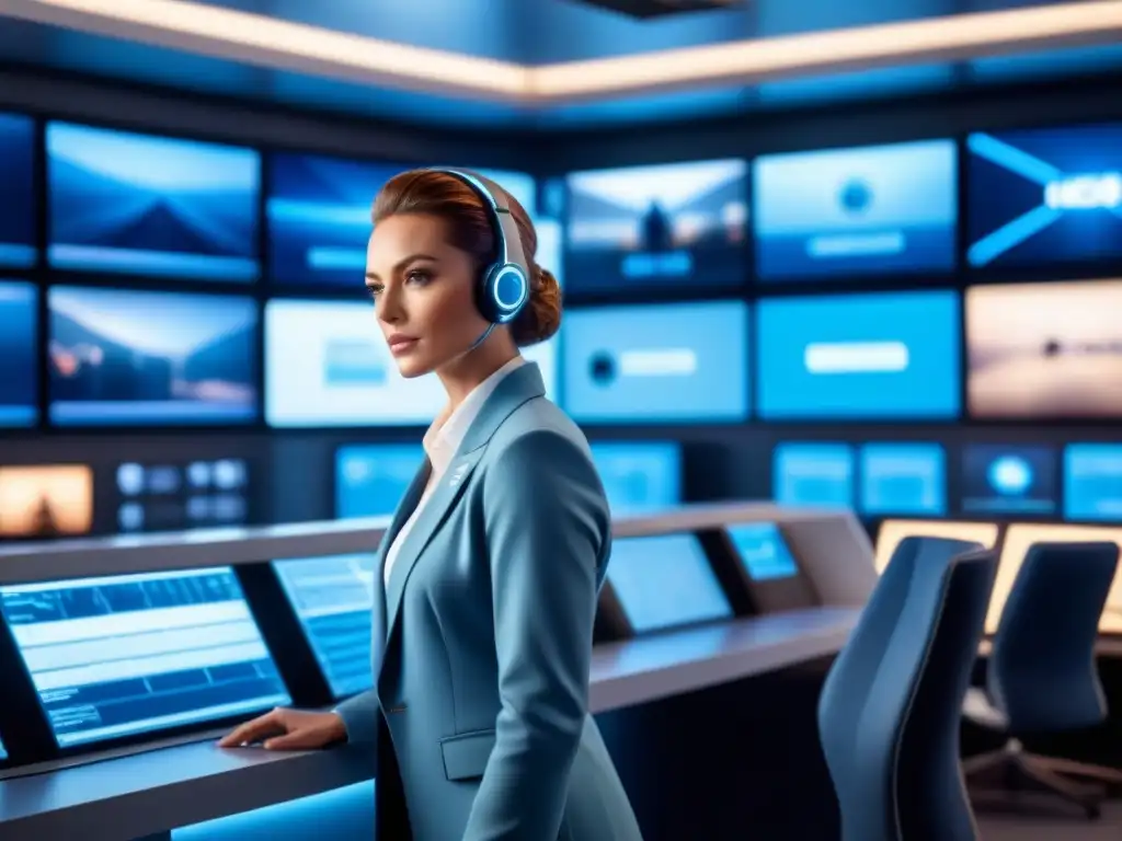 Centro de Control de Vigilancia Futurista en Azul Un experto en seguridad supervisa monitores en control room con tecnología avanzada