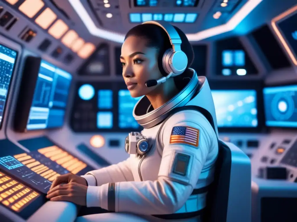 Exploración espacial con interfaces cerebro máquina en el espacio: astronauta en nave futurista rodeado de avanzada tecnología