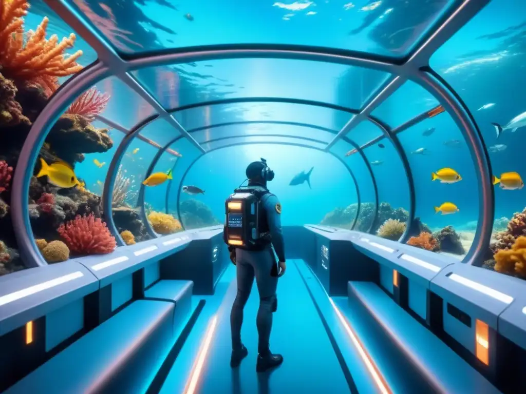 Exploración de fondo marino con tecnología sostenible: nave moderna surcando el mar junto a colorida vida marina y arrecifes de coral vibrantes