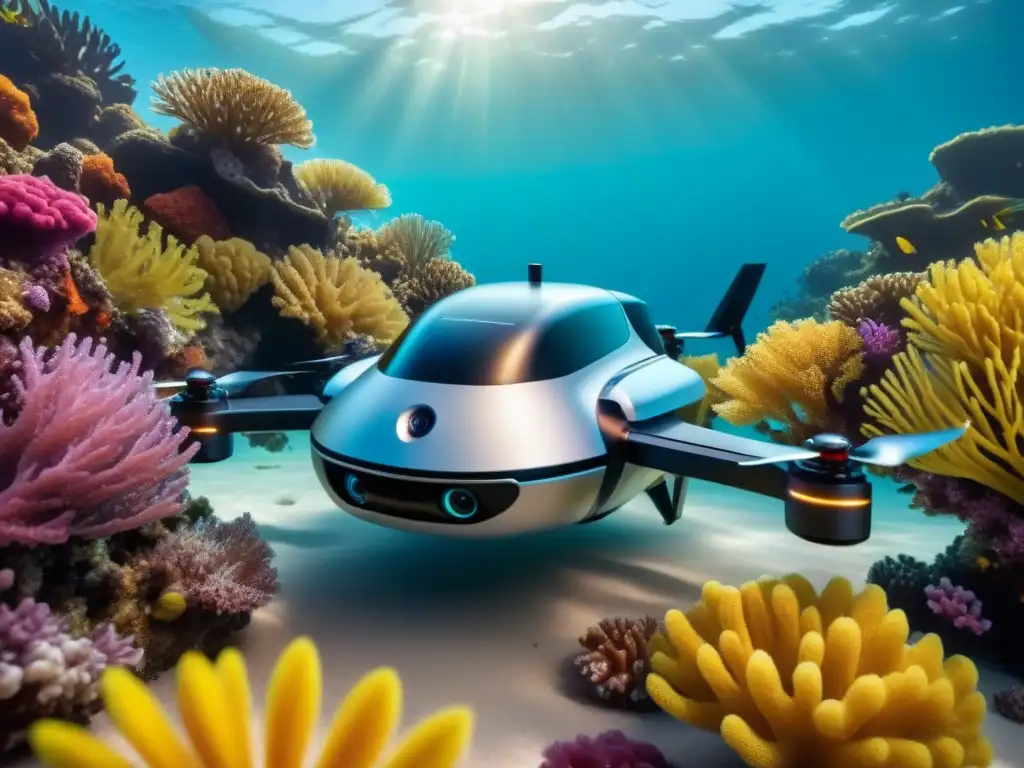 Exploración del fondo marino con tecnología sostenible: drone futurista surcando arrecife de coral vibrante