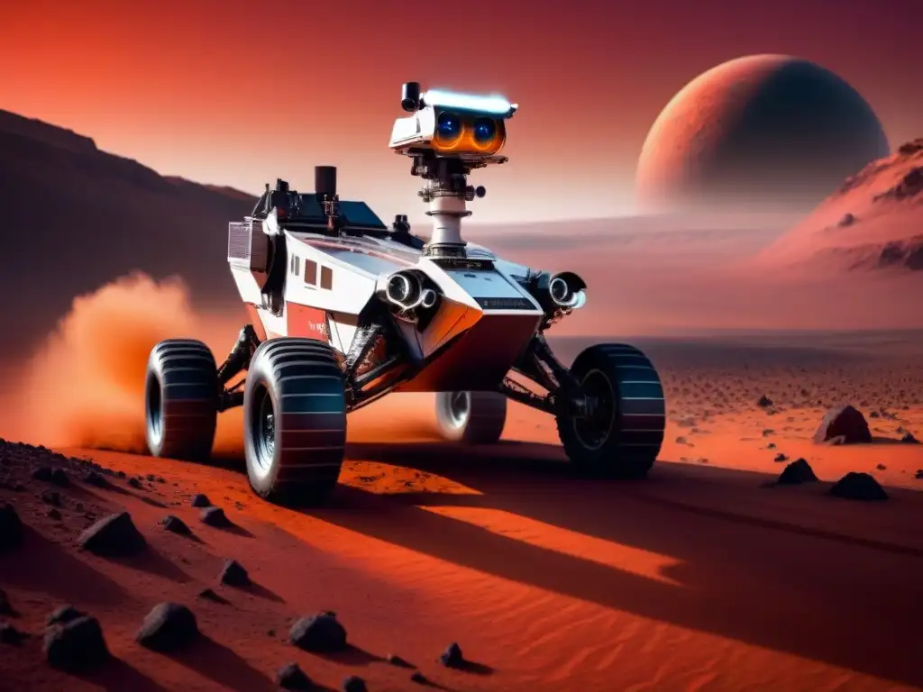 Exploración de Marte líderes industria: Rover futurista recorre paisaje marciano bajo cielo rojo