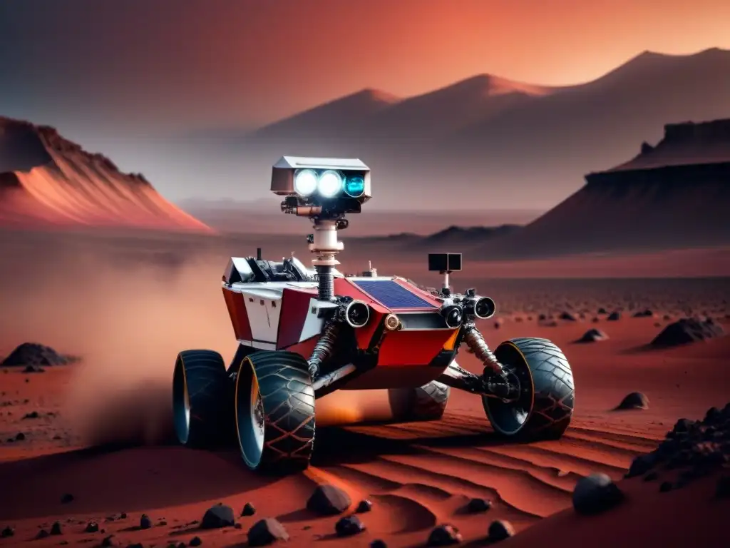 Exploración logística en Marte: rover futurista recorre terreno marciano bajo cielo tormentoso