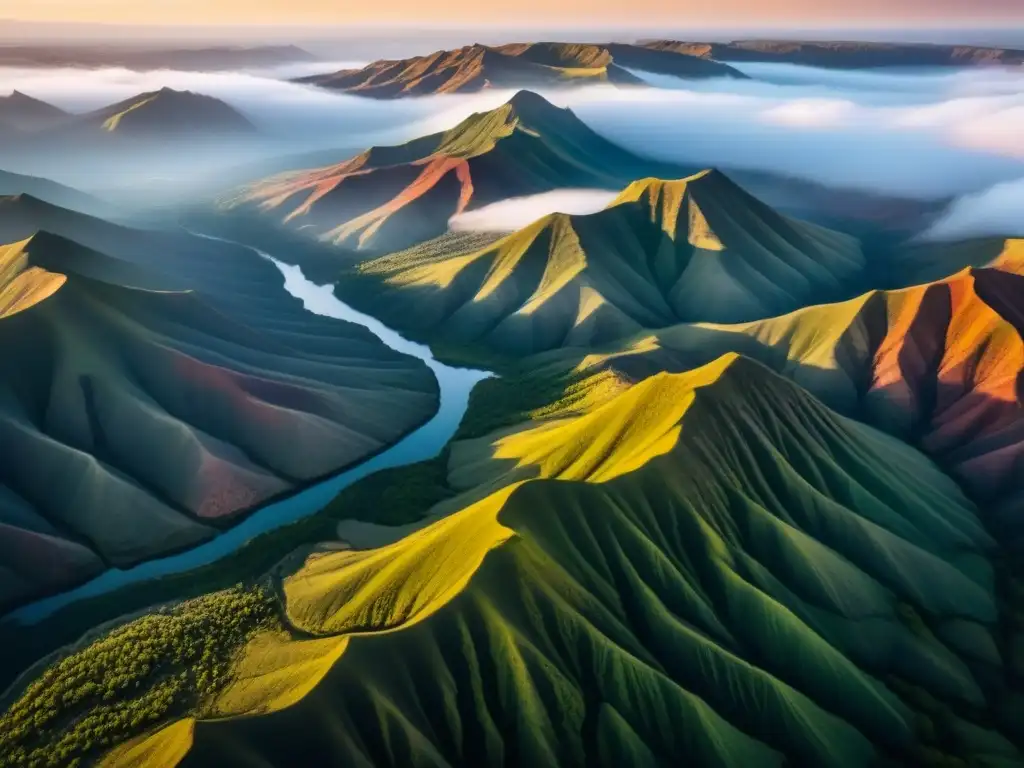 Espectacular paisaje natural al atardecer: belleza cruda de la tierra Exploración de recursos en un paisaje vasto y rugoso, bañado por la cálida luz del sol poniente