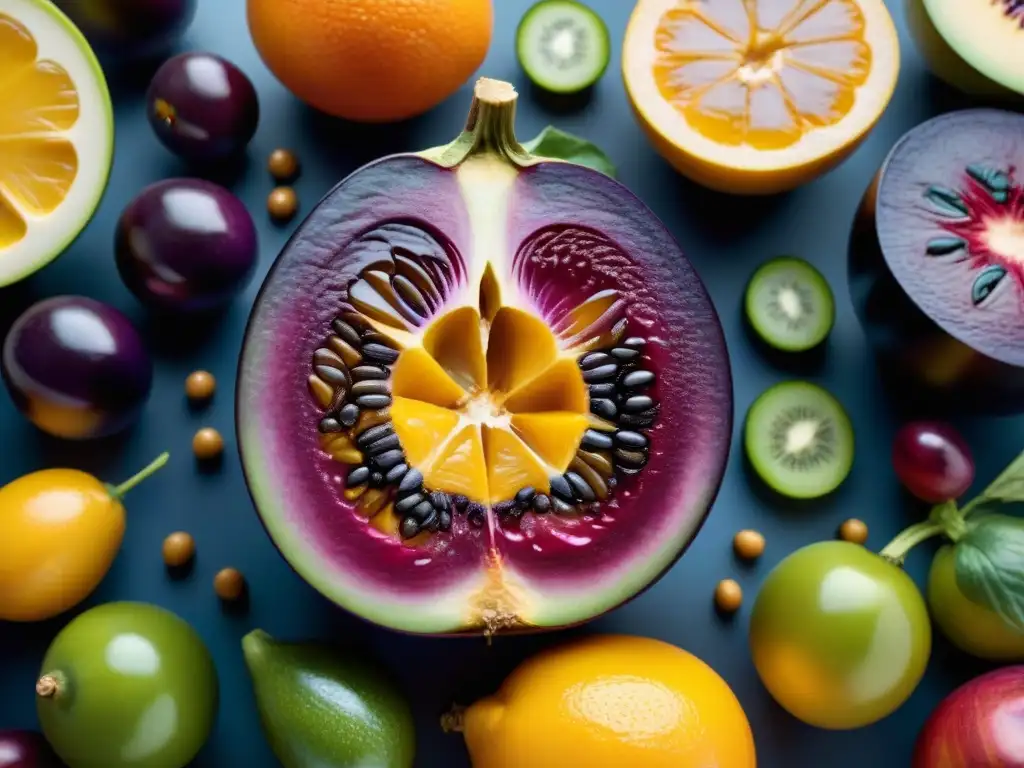 Una explosión de colores y texturas en frutas y verduras, resaltando la importancia de vitaminas en alimentos