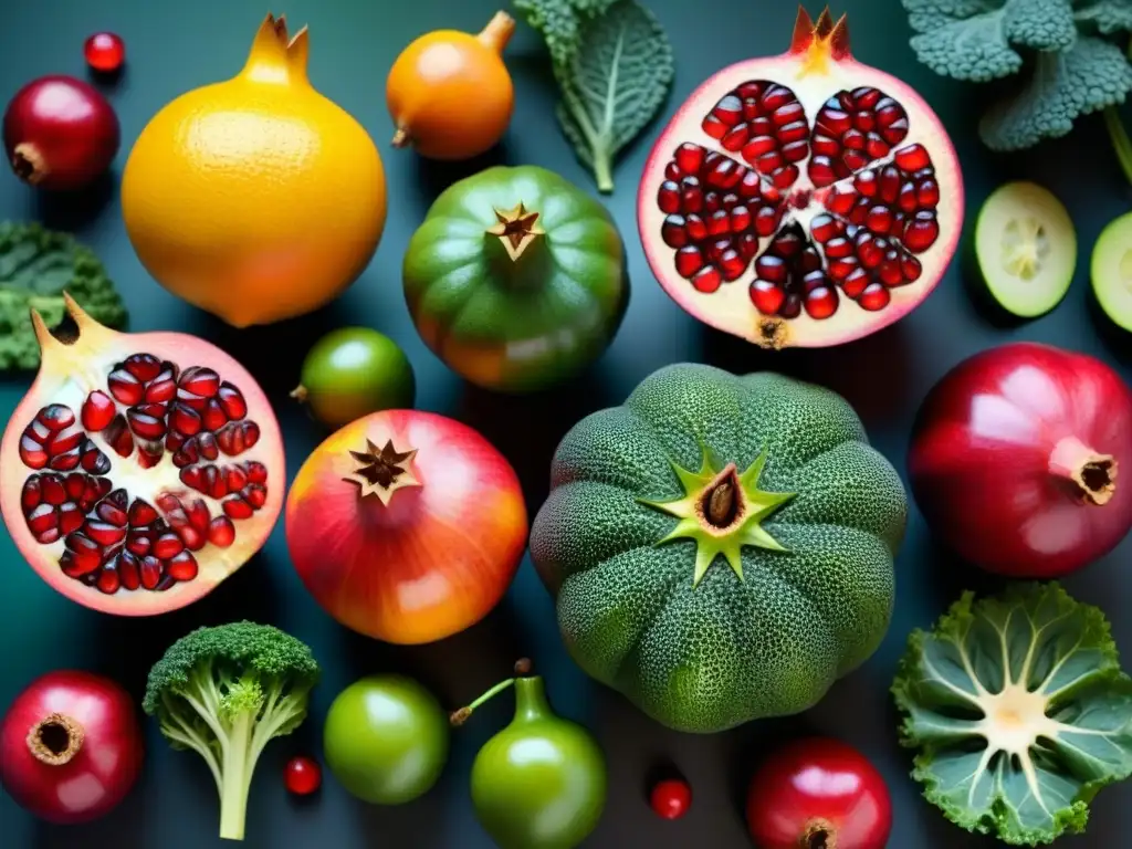 Una explosión de colores y texturas en frutas y verduras, resaltando la importancia de vitaminas en alimentos