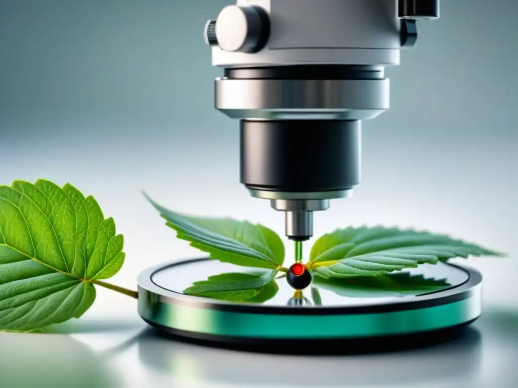 Exportación de innovación biotecnológica regulaciones: Detalle de microscopio moderno con hoja verde reflejada en la lente, en laboratorio blanco