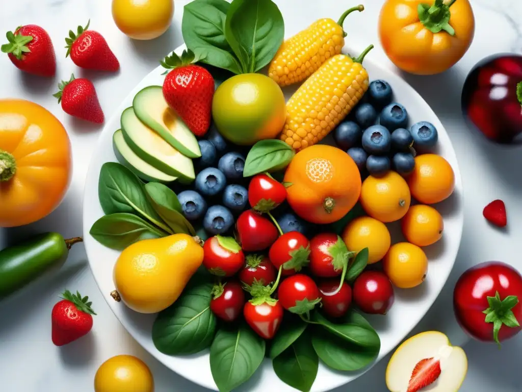 Arcoíris de alimentos frescos en mármol blanco Una exquisita variedad de frutas y verduras frescas y coloridas, dispuestas con elegancia en un patrón circular sobre mármol blanco