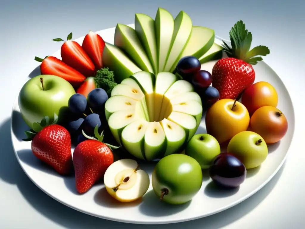 Una exquisita variedad de frutas y verduras coloridas en un elegante plato blanco