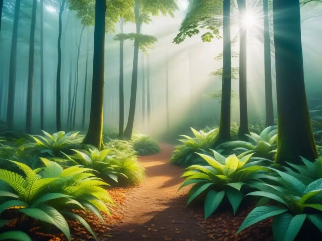 Un exuberante bosque verde con rayos dorados filtrándose entre el dosel, reflejando la tendencia de la biorremediación en la industria sostenible