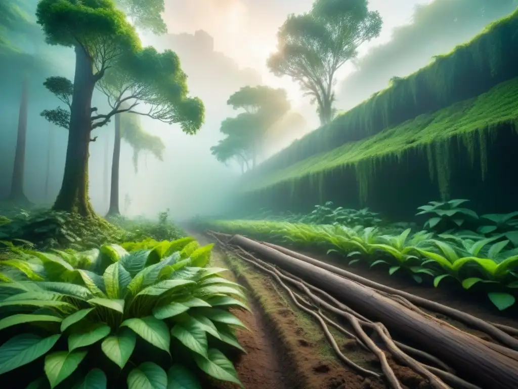 Exuberante bosque verde recuperando un sitio industrial contaminado, resaltando la Importancia de la bioremediación ambiental