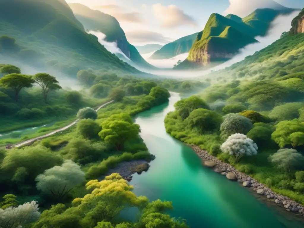 Una exuberante y detallada imagen de un paisaje verde en restauración tras actividades mineras, con vida silvestre diversa coexistiendo armoniosamente