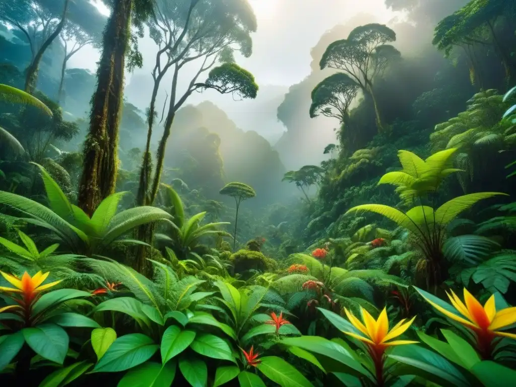 Un exuberante y diverso bosque tropical, destacando la interconexión y complejidad de la biodiversidad