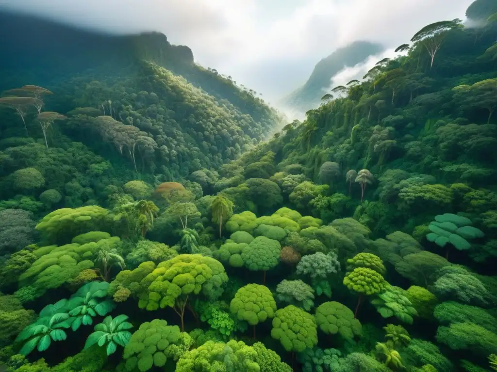 Un exuberante dosel de selva tropical vista desde arriba, con una diversidad de verdes y especies de árboles