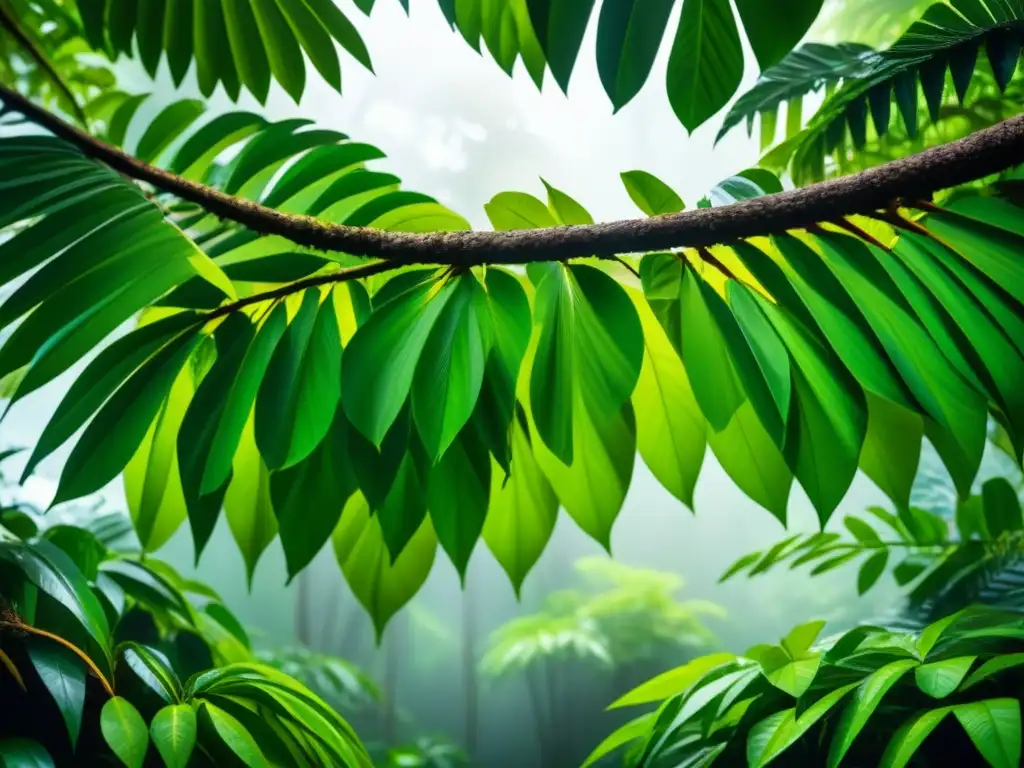 Un exuberante dosel de selva tropical, red de hojas verdes y luz solar filtrada, simboliza la biodiversidad y recursos genéticos