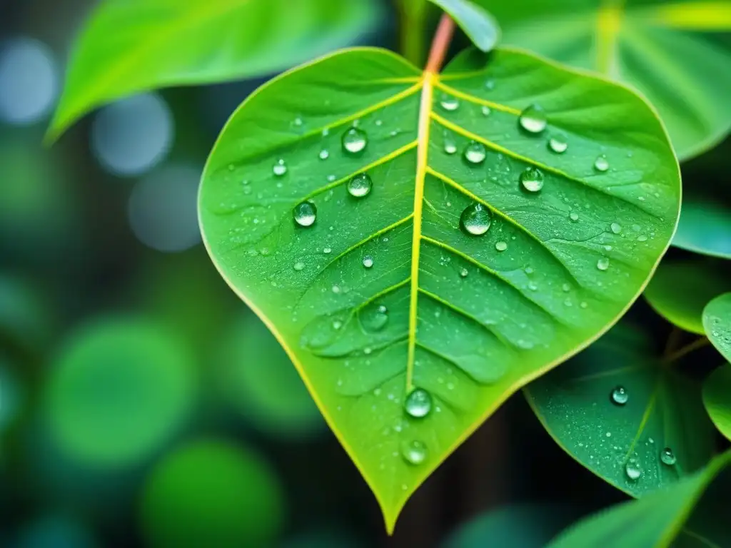 La exuberante planta verde muestra sus detalladas venas brillando con gotas de agua al sol, ejemplificando la biorremediación en acción