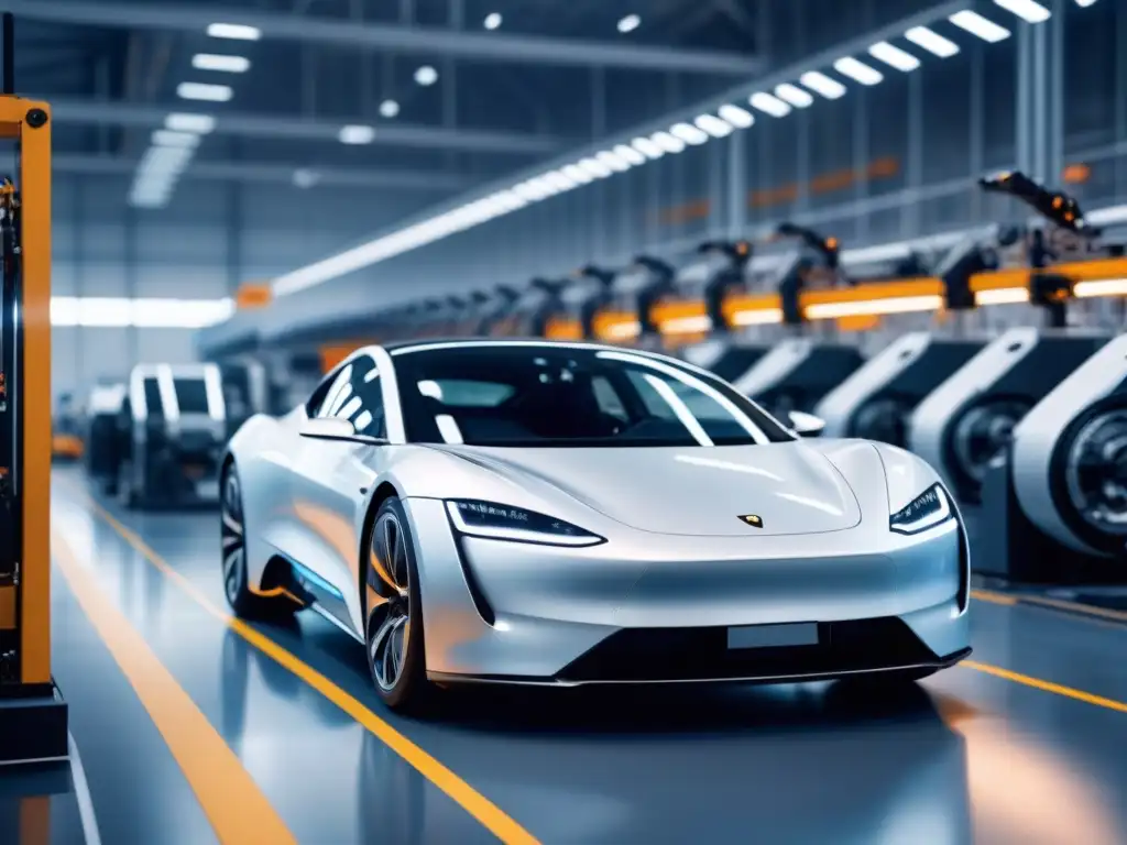 En una fábrica futurista, un auto eléctrico de alta tecnología se ensambla con precisión, mostrando la integración de IoT en industrias diversas