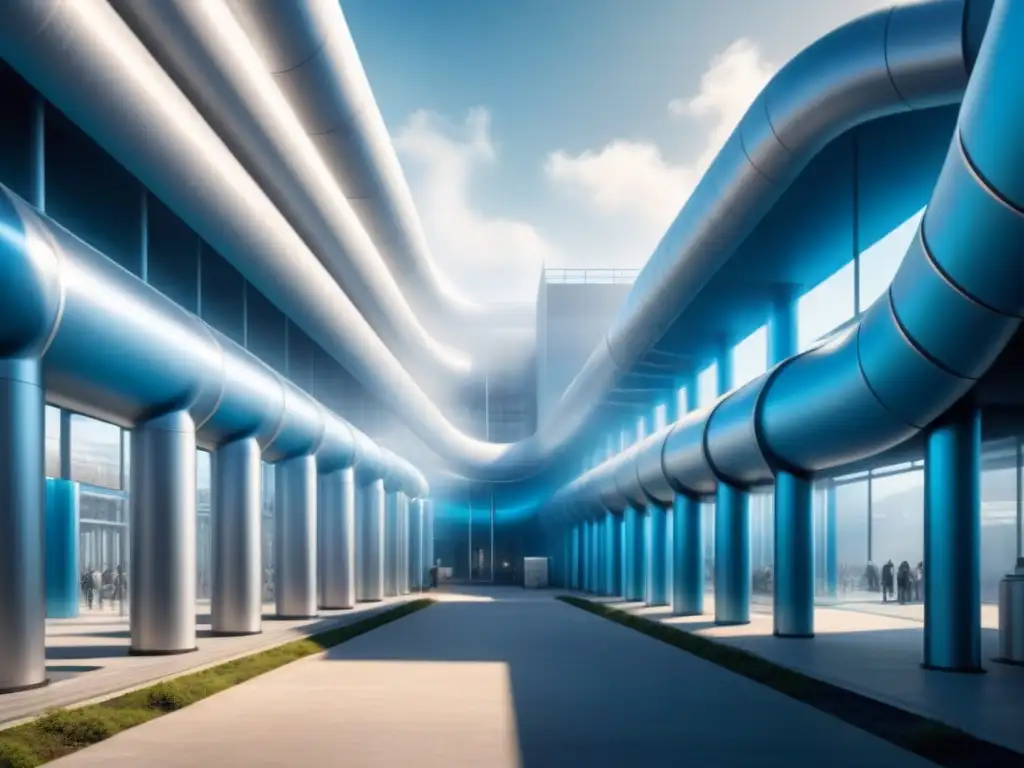 Complejo industrial futurista: capturando CO2 para productos comerciales Una fábrica futurista transformando CO2 en productos comerciales, con tubos transparentes y diseño minimalista en tonos azules y metálicos