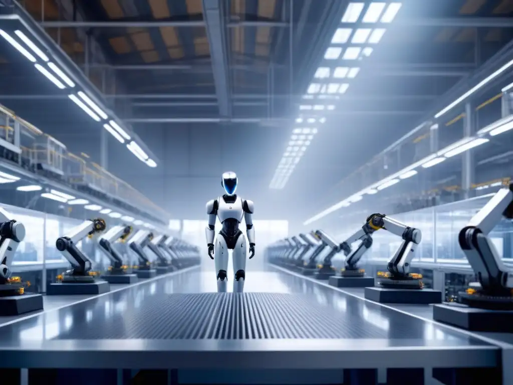 Una fábrica futurista donde la inteligencia artificial en fabricación sostenible se fusiona armoniosamente con el trabajo humano