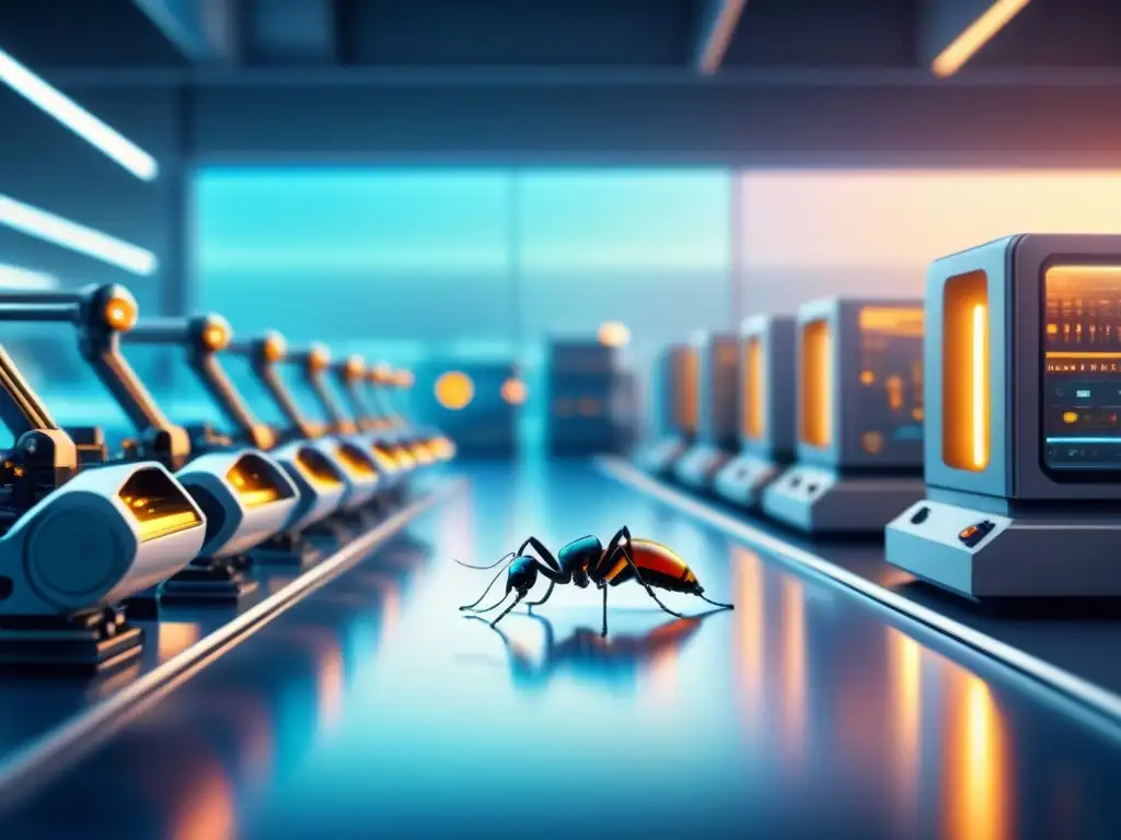 Una fábrica futurista llena de nanorobots inteligentes trabajando en maquinaria intricada