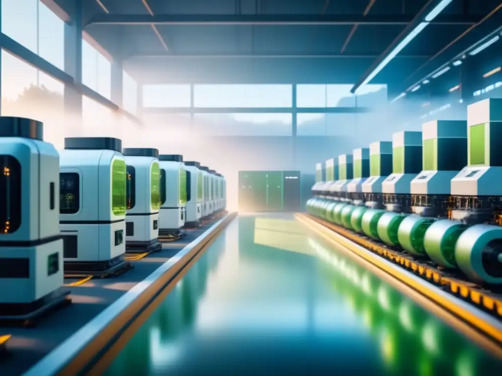 Una fábrica futurista con maquinaria AI integrada en un entorno verde