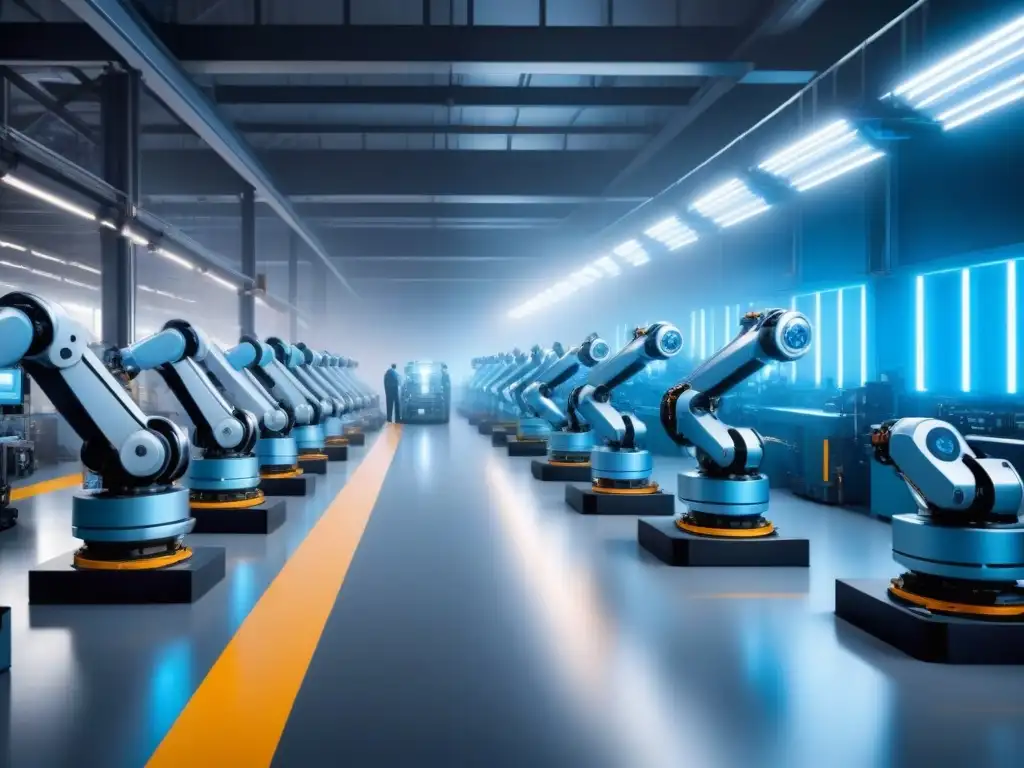 Fabrica del futuro: Robots ensamblan maquinaria con precisión Una fábrica futurista con robots trabajando en armonía para ensamblar maquinaria, iluminada en azul