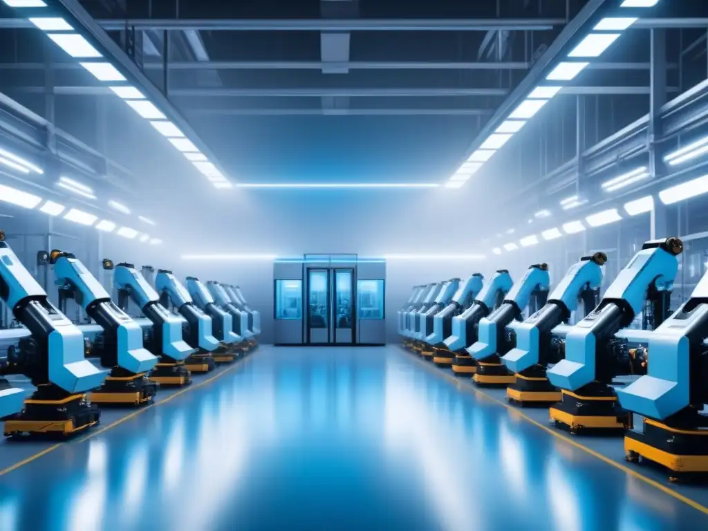 Una fábrica futurista con robots y maquinaria automatizada, iluminada en azul, reflejando la eficiencia de la automatización en la Industria 4