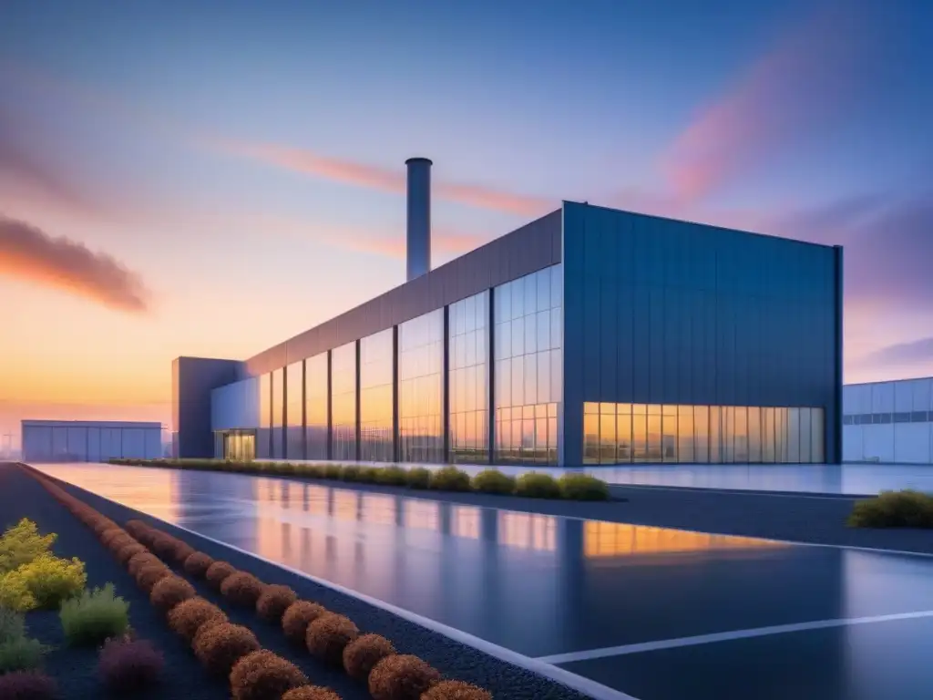 Moderna fábrica industrial al atardecer: innovación y tecnología Una fábrica industrial moderna al atardecer, resaltando su tecnología avanzada
