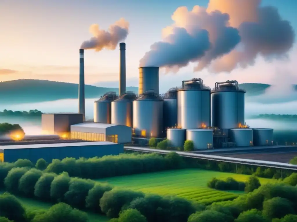 Una fábrica industrial moderna integrando energías renovables en un entorno verde