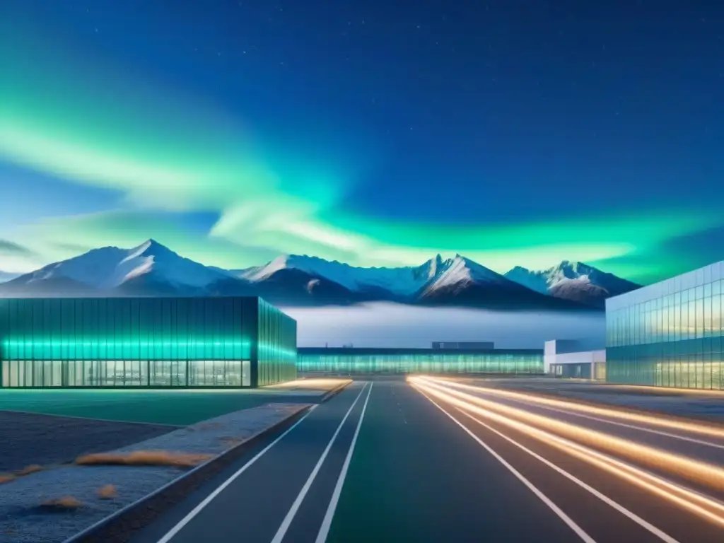 Una fábrica moderna iluminada por luces digitales, en la noche