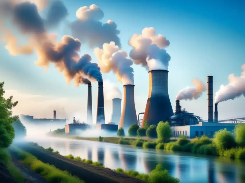 Armonía industrial y natural: fábrica moderna en paisaje sereno Una fábrica moderna rodeada de naturaleza, con humo blanco y un río brillante