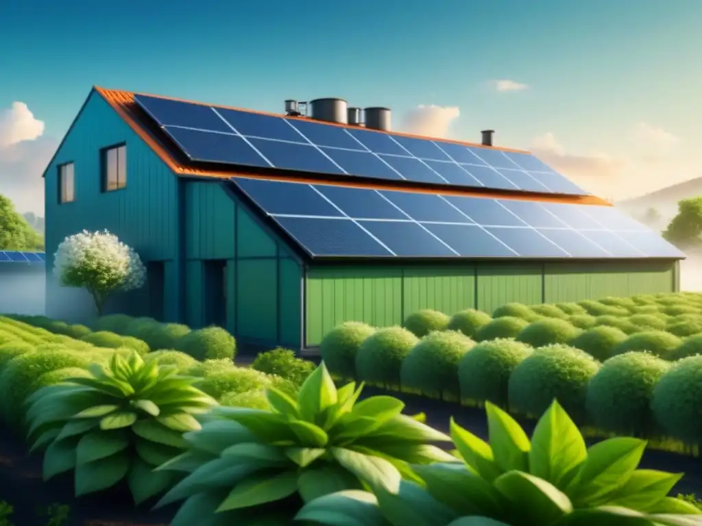 Factoría ecológica: sostenibilidad industrial Una fábrica verde rodeada de árboles en flor y paneles solares en el techo, reflejando la sostenibilidad industrial