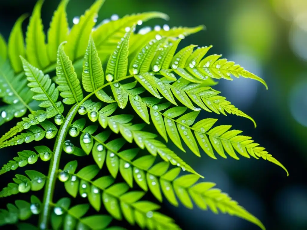 Fascinante detalle de helechos verdes con gotas de agua, reflejando luz y texturas