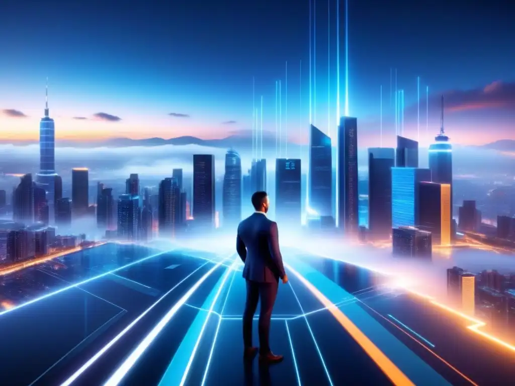 Fascinante interfaz futurista de IA en análisis de clientes sobre ciudad digital nocturna
