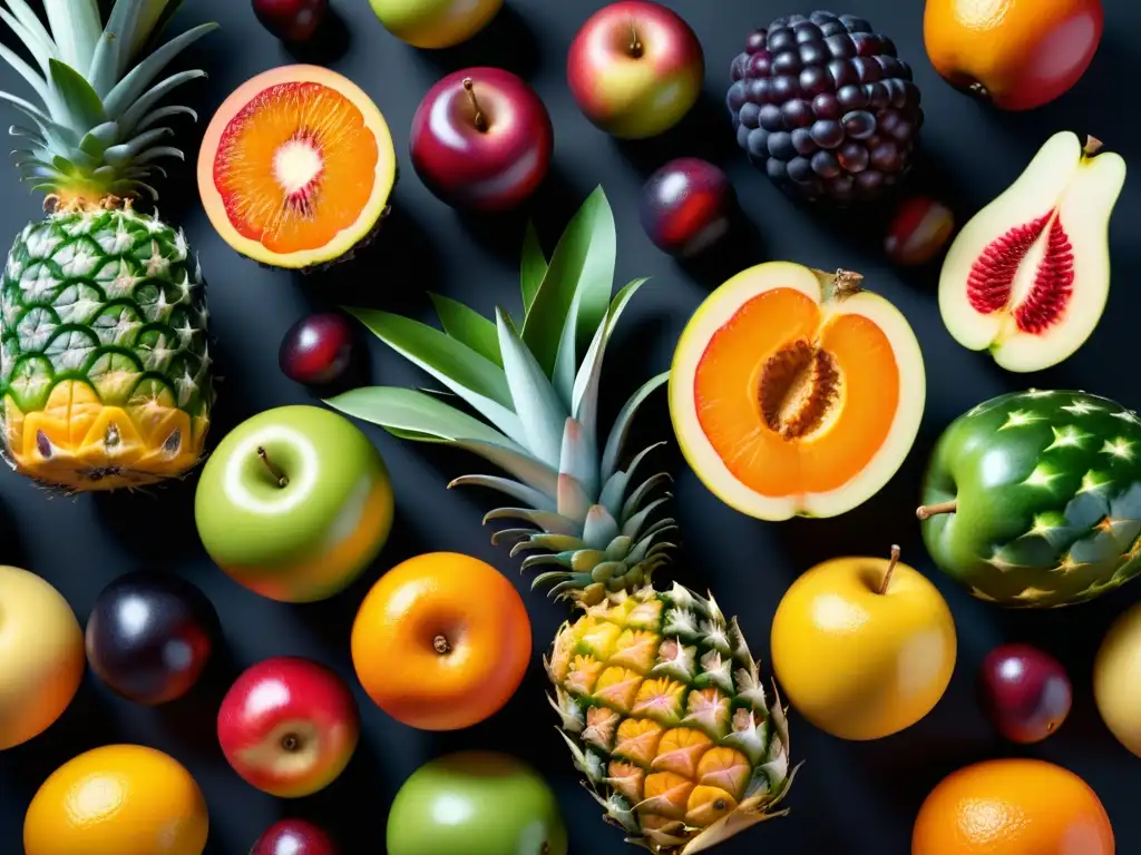Un festín de alimentos funcionales para rendimiento deportivo: frutas y verduras vibrantes dispuestas en círculo sobre fondo negro mate