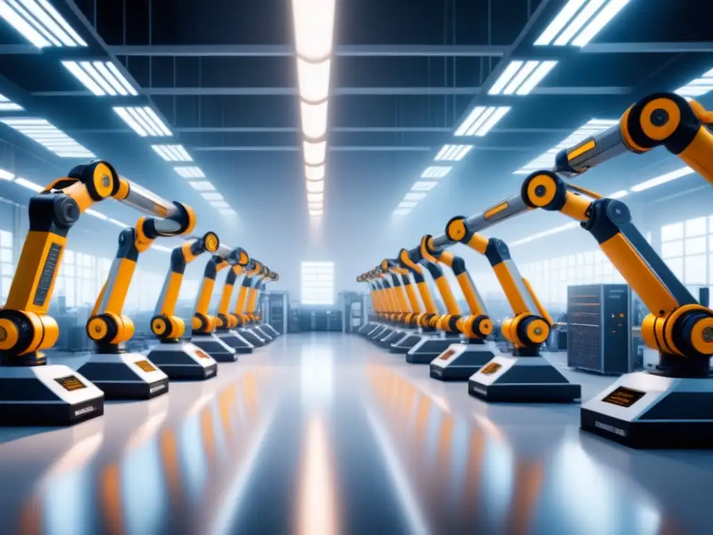 Producción flexible automatizada demanda: Brazos robóticos montando productos en fábrica futurista
