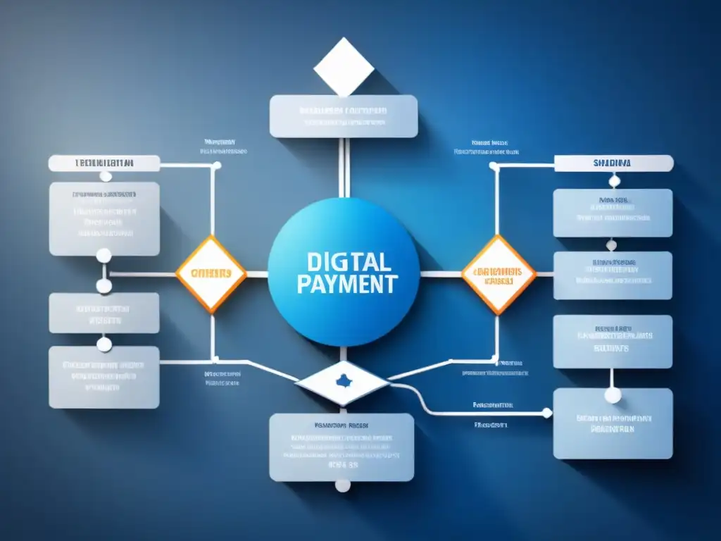 Flujo de pagos digitales: nodos interconectados en tonos azules y grises, representando complejas regulaciones de cumplimiento