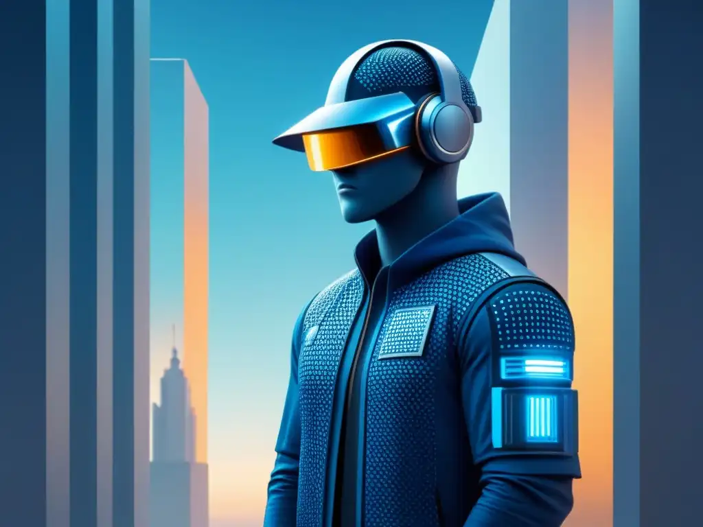 Fortaleza digital en azules y plateados, simbolizando ciberseguridad en la industria