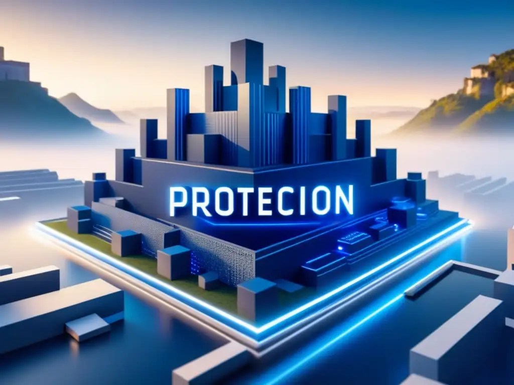 Una fortaleza digital con líneas intrincadas y formas geométricas, rodeada de código binario